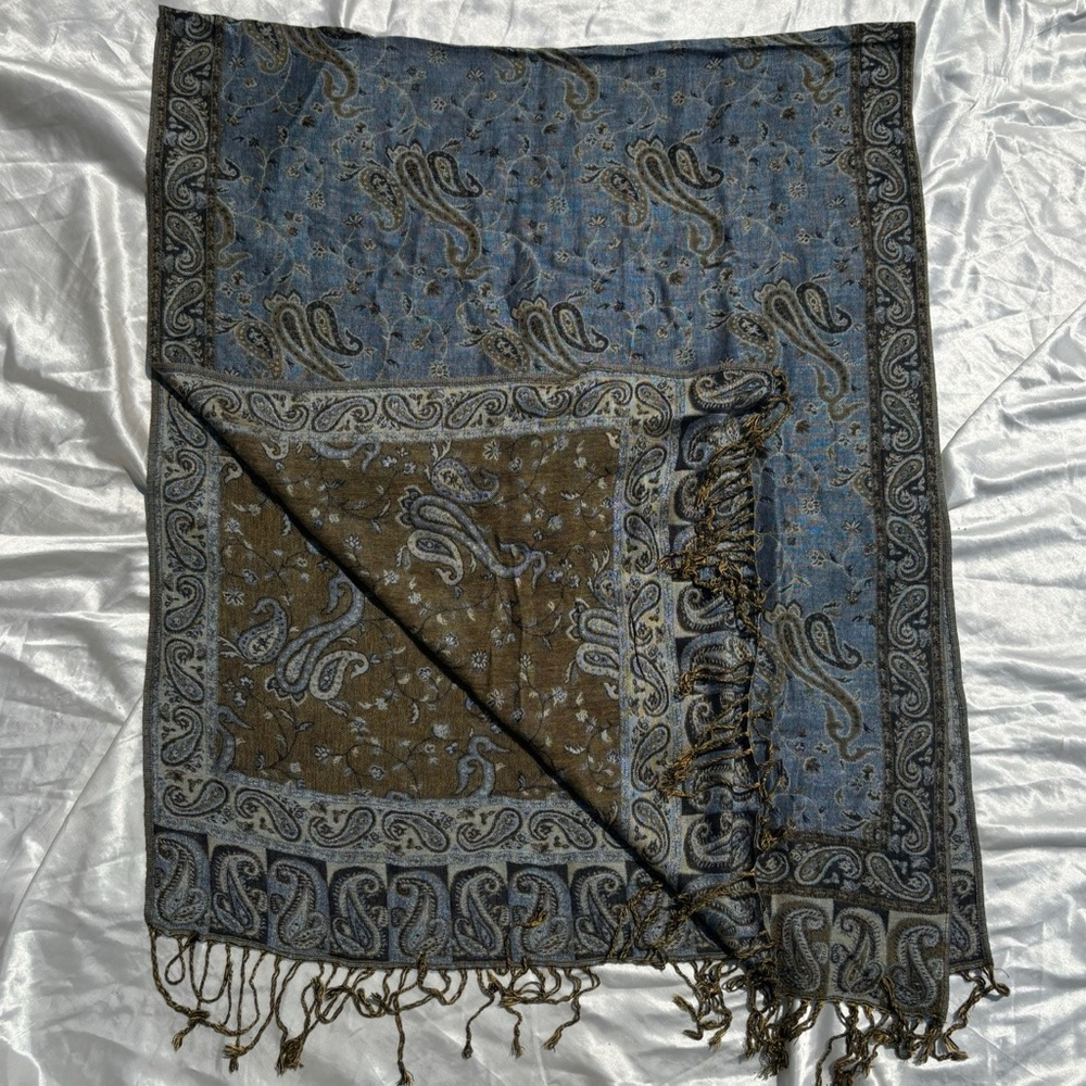 Paisley Patterned Blue and Brown Rectangular Pashmina Fringed Scarf